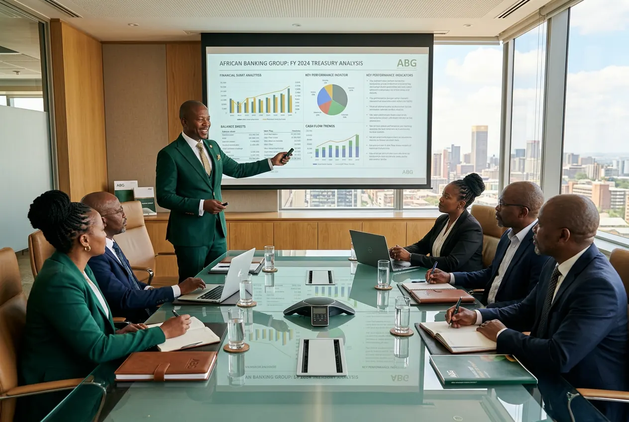 African treasury consultant leading an ALM workshop with a banking team in a modern African boardroom