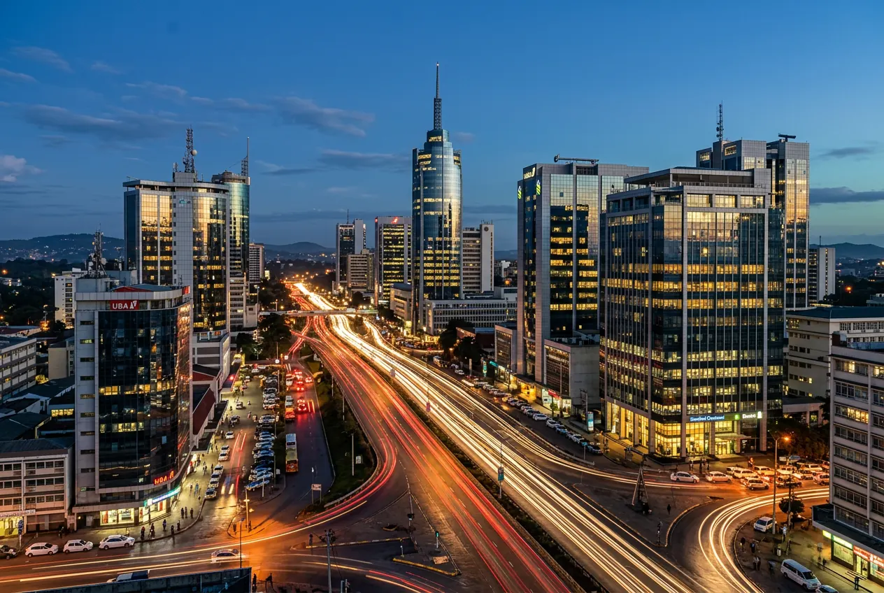African financial district skyline at dusk